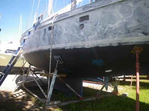 Uliad after cyclone Oli (white on hull is a protective compound)